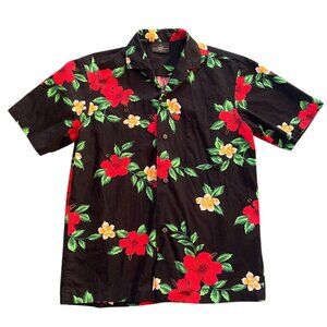 Hawaiian Shirt Black Flowers Royal Creations Size S made in Hawaii 100% cotton T